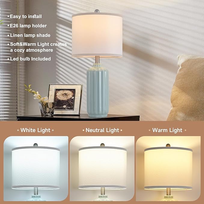 Lamp for Living Room Bedroom Lamps Farmhouse Table Lamps Set of 2 Vertical Stripe Ceramic Table Lamp,Linen Shade with Bulb, 25 in High,Light Blue - Bloomnest