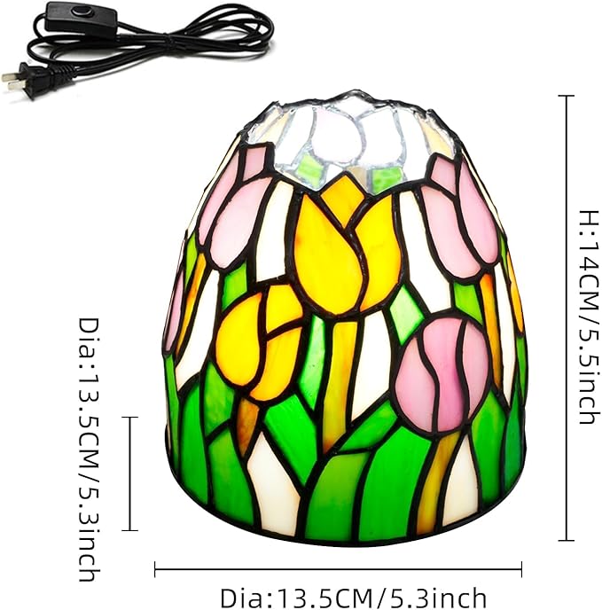 Tiffany Lamp Pink Yellow Tulips Small Stained Glass Table Light Retro Unique Nightstand Bedside Light for Home Decor Bedroom Living Room Boys Girls Christmas Gifts - Bloomnest