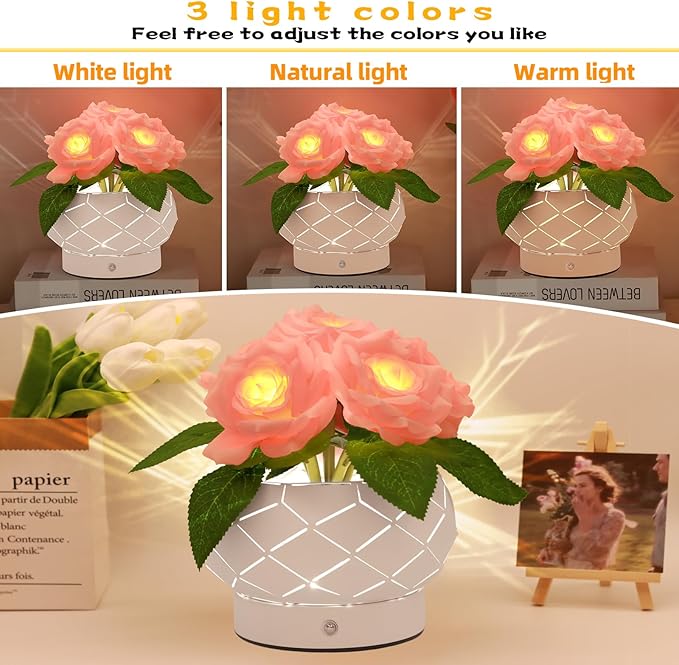 Roses Flower Touch Lamp,Rechargeable Cordless 3-Colour Dimming Small Night Light for Festival,Dining Room,Bedroom Home Decor Birthday Gifts-6 Rose - Bloomnest