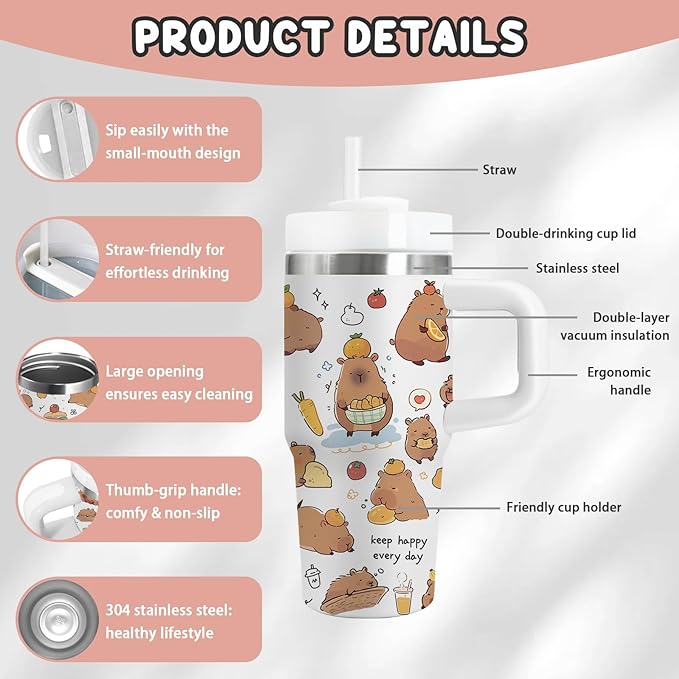 Capybara Gift for Women, 14oz Capybara Tumbler with Handle, Lid & Straw - Vacuum Insulated Stainless Steel Travel Mug - Hot/Cold Car Cup for Commuting, Office - Kawaii Water Bottle Gifts for Adults - Bloomnest