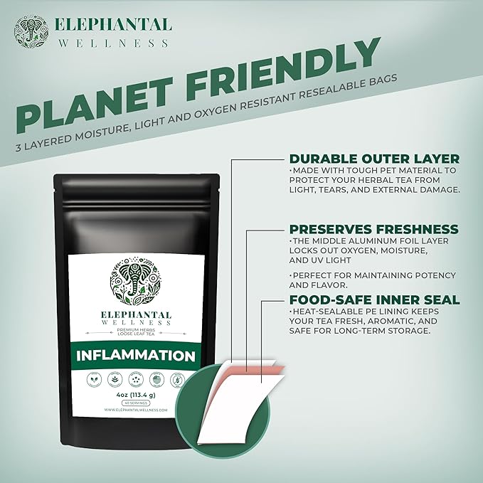 Elephantal Wellness Premium Inflammation Herbal Tea | Comfort & Mobility Blend with Turmeric, Boswellia, White Willow Bark & Ginger | Handmade, Non-GMO, Caffeine-Free Loose Leaf, 4oz, 40 Servings - Bloomnest