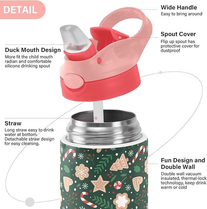 Christmas Gingerbread Snowflakes Kids Insulated Water Bottle, Toddlers Tumbler Travel Cup with Straw & Handle Stainless Steel Cup for Travel School Girls 12 oz - Bloomnest