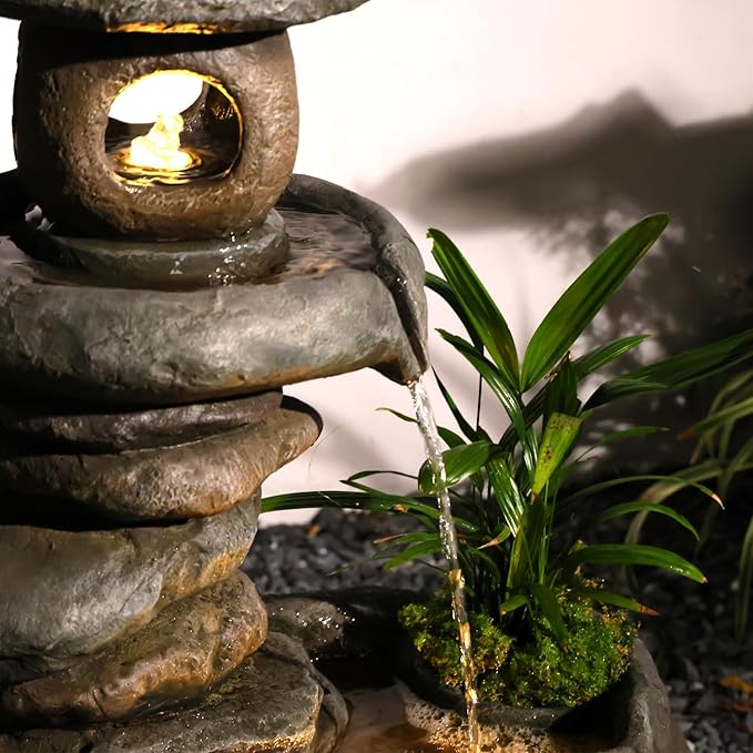 28" H Imitation Rock Pagoda Design Outdoor&Indoor Cascading Water Fountain, Natural Zen Decor Waterfall with LED Lights - Suitable for Garden/Patio/Yard/Deck/Balcony and Home Art Decor （Resin） - Bloomnest