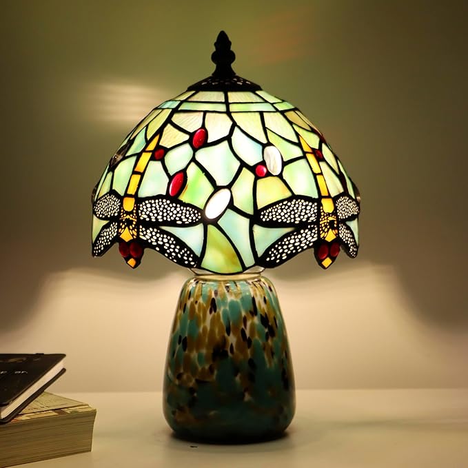 Tiffany Mushroom Table Lamp Dragonfly Style Blue Stained Glass Accent Lamp Brown Blue Glass Base 8X8X12 Inch - Bloomnest