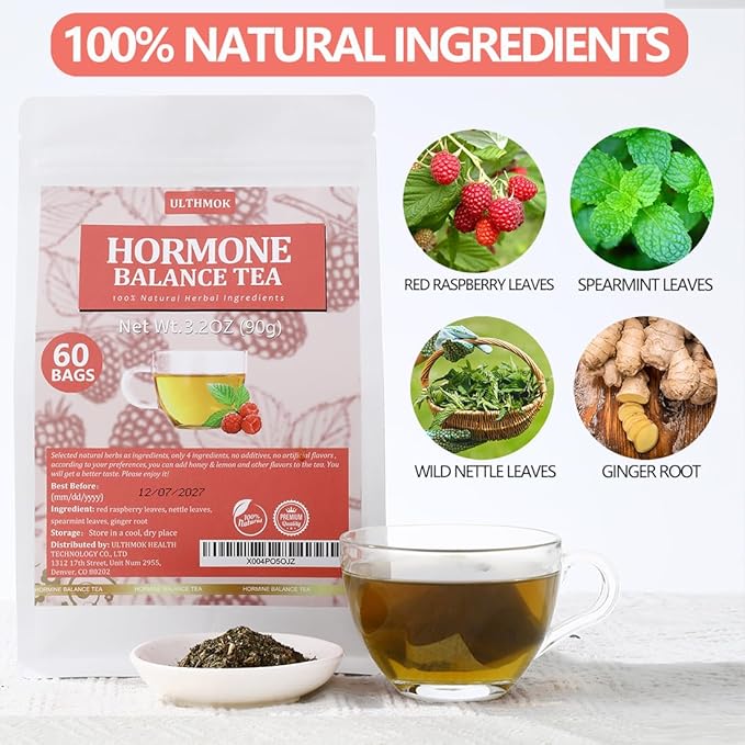 Premium 60 Hormone Balance Tea Bags, Made with 100% Natural Herbal Ingredients, Red Raspberry Leaves, Menstrual Cycle Support, No Artificial Flavors & Caffeine Free. - Bloomnest
