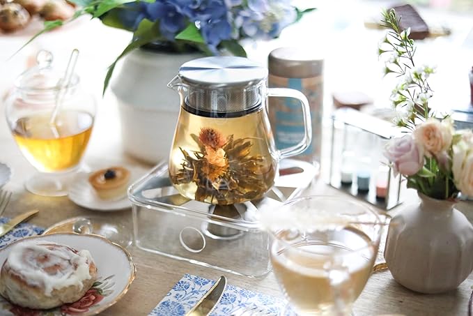 Teabloom One-Touch Tea Maker, 2-in-1 Teapot and Kettle with Stainless Steel Filter Lid for Loose Tea – Stain-free Borosilicate Glass Tea Pot (15 Oz) – Tea Connoisseur's Choice - Bloomnest