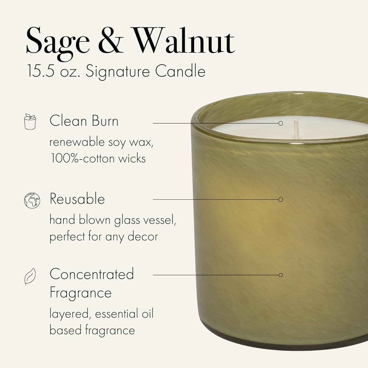 LAFCO New York Signature Candle, Sage & Walnut - 15.5 oz - 90-Hour Burn Time - Reusable, Hand Blown Glass Vessel - Made in The USA