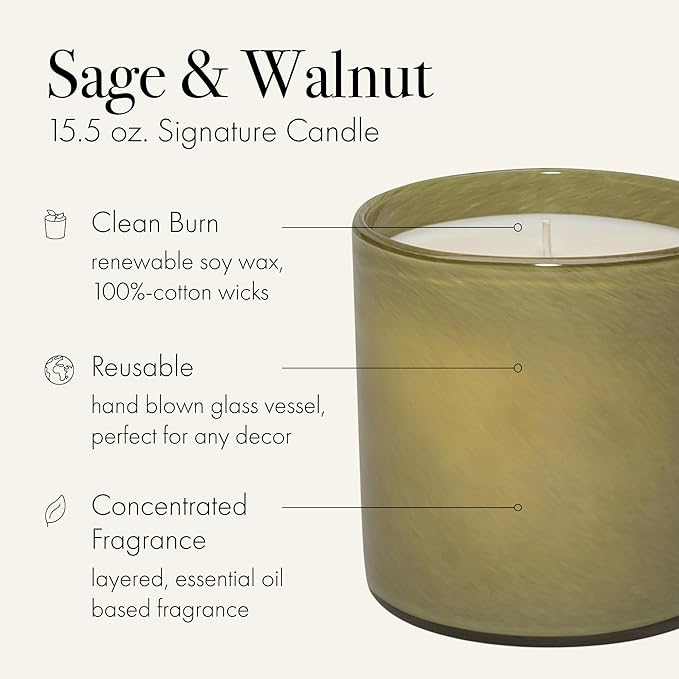 LAFCO New York Signature Candle, Sage & Walnut - 15.5 oz - 90-Hour Burn Time - Reusable, Hand Blown Glass Vessel - Made in The USA - Bloomnest