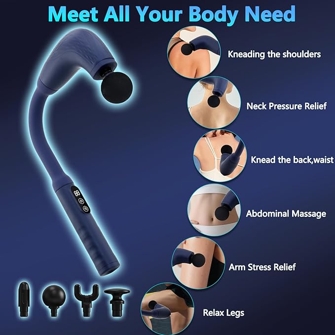 Massage Gun with Upgraded Extension Handle, Back Massager for Pain Relief Deep Tissue, Muscles/Neck/Shoulders/Waist/Legs Massager with 4 Massage Heads & 6 Speed Levels & 3 Massage Modes, Blue - Bloomnest