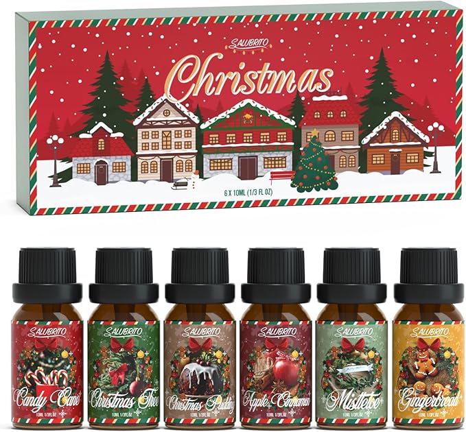 SALUBRITO Christmas Fragrance Oils Set, Winter Essential Oils for Diffuser, Candle Making, Scented Oils Gift - Candy Cane, Christmas Tree, Christmas Pudding, Apple Cinnamon, Gingerbread, Mistletoe - Bloomnest