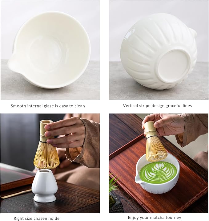 TANG PIN Matcha Set - Match Bowl and Whisk,15 OZ, Matcha Scoop | Matcha Whisk Stand (Chasen Holder) - 4pc Perfect Matcha Kit for Matcha Tea Ceremony (White) - Bloomnest