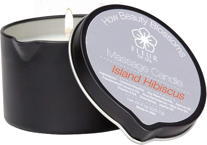 FLEUR DE SPA Massage Oil Candle – 6oz with Pour Spout – Made in USA – All Natural Coconut & Soy Blend – Melts to Warm, Alluring & Hydrating Body Oil – Perfect Spa & Gift Candle (Island Hibiscus) - Bloomnest