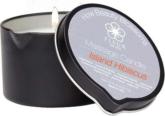 FLEUR DE SPA Massage Oil Candle – 6oz with Pour Spout – Made in USA – All Natural Coconut & Soy Blend – Melts to Warm, Alluring & Hydrating Body Oil – Perfect Spa & Gift Candle (Island Hibiscus) - Bloomnest