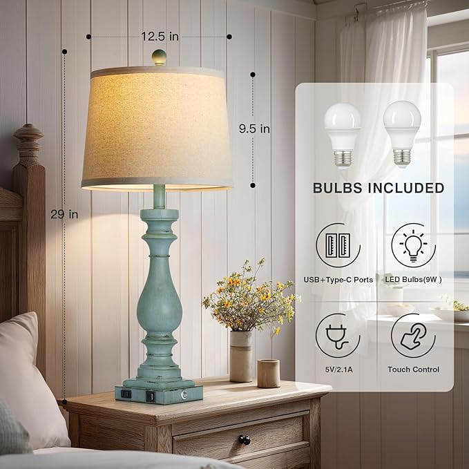 29" Tall Coastal Table Lamps Set of 2,Retro Blue Bedside Lamps with USB C+A Ports & AC Outlet,3-Way Dimmable Touch Lamp for Night Stands Living Room Bedroom,Blue - Bloomnest