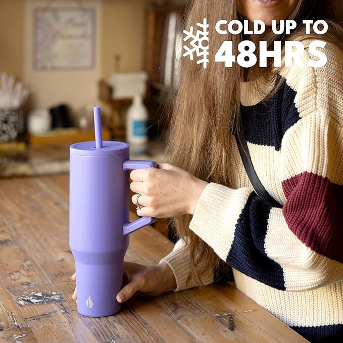 Elemental 40 oz Tumbler with Handle and Straw - Spill Proof Insulated Stainless Steel Commuter for Hot and Cold Beverages - Travel Coffee Mug with 2 Straws & Spill Proof Lid - 40oz - Lavender - Bloomnest