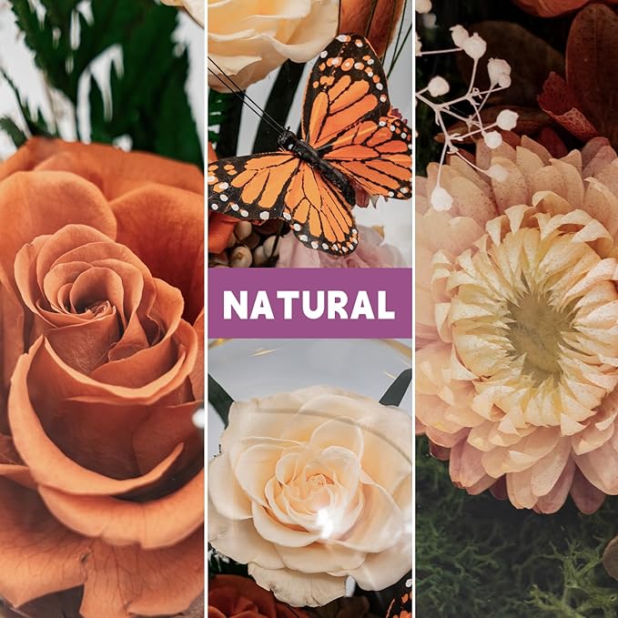 Eternal Flower with Butterfly: Big Flowers Big Love-Elegant Flower in Glass Dome-Thanksgiving, Christmas, Mom Gifts for Her-Flowers for Delivery Prime-Floral Arrangements (Orange) - Bloomnest