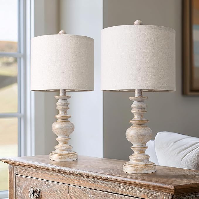 BOBOMOMO 20" Retro Table Lamps Set of 2 - Farmhouse Lamp for Living Room with Linen Shades, Rustic Bedside Nightstand Lamps, Resin Lamps for Bedroom Nursery Room Hallway - Ideal for Compact Spaces - Bloomnest