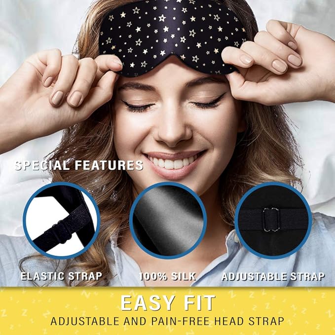 Silk Sleep Eye Mask for Men Women, Comfortable Super Soft Eye Mask with Adjustable Strap, 100% Pure Silk, Works with Every Nap Position, Ultimate Sleeping Aid Blindfold, Blocks Light, Jersey Slumber - Bloomnest
