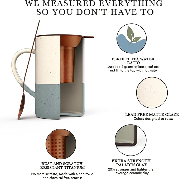 Mora Ceramics Tea Cup with Loose Leaf Infuser, Spoon and Lid, 12 oz, Microwave and Dishwasher Safe Coffee Mug - Rustic Matte Ceramic Glaze, Modern Herbal Tea Strainer - Great Gift for Women, Flint - Bloomnest
