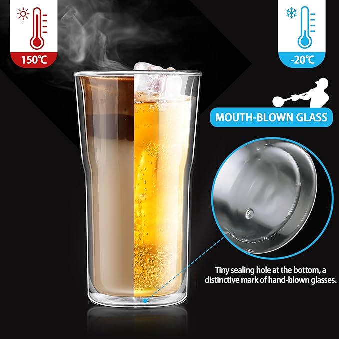 Joeyan Glass Double Walled Beer Drinking Glasses Tumbler 16 oz, Double Layer Tall Borosilicate Insulated Water Cocktail Glass Cups, Double Lined Thermo Tea Coffee Hot Beverage Glassware, Set of 2 - Bloomnest