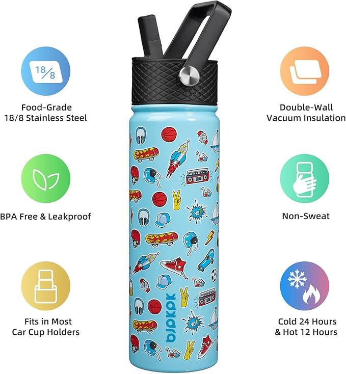BJPKPK Insulated Water Bottle with Straw Lid, 22 oz Stainless Steel Metal Water Bottles, Reusable Leak Proof BPA Free Water Bottles, Cups, Thermo, Playground - Bloomnest