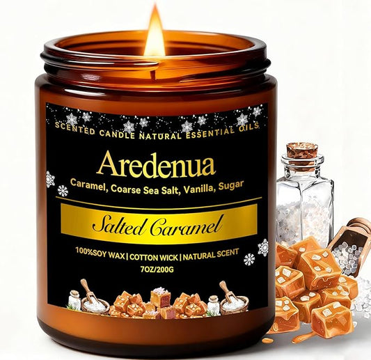 Winter Candles - Salted Caramel Candle | Cozy Holiday Scented Candles - 7oz Jar Soy Candle for Winter Home, Holiday & Christmas Gifts for Women Men - Bloomnest