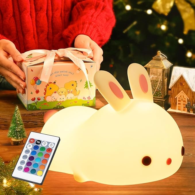 【Gifts Package】 Bunny Night Light for Kids Lamp, 16 Colors & Remote Rechargeable Kids Night Lights for Bedroom, Cute Gifts for Girls Gifts for Women - Bloomnest