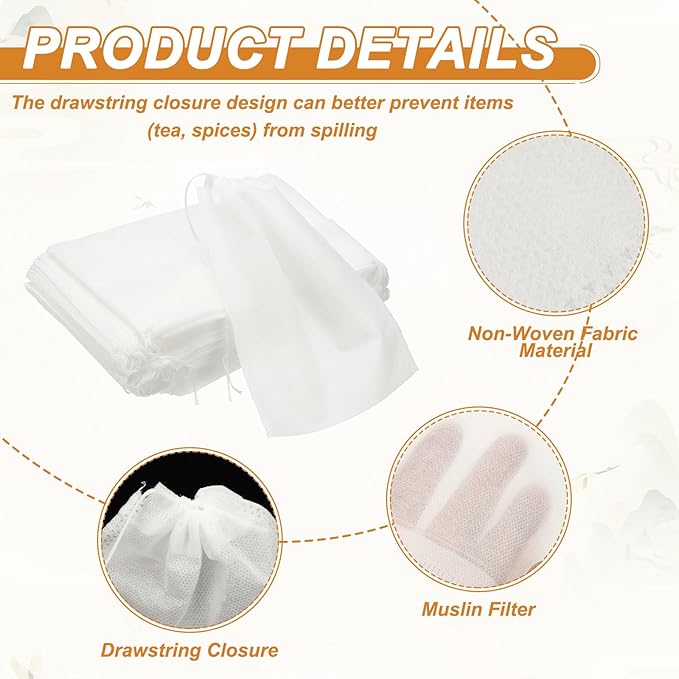 uxcell 100 Pcs Spice Bags for Cooking, 6.3x8 in Disposable Empty Tea Bags Muslin Non-Woven for Loose Leaf Tea Sachet Straining Soups Herbs, White - Bloomnest