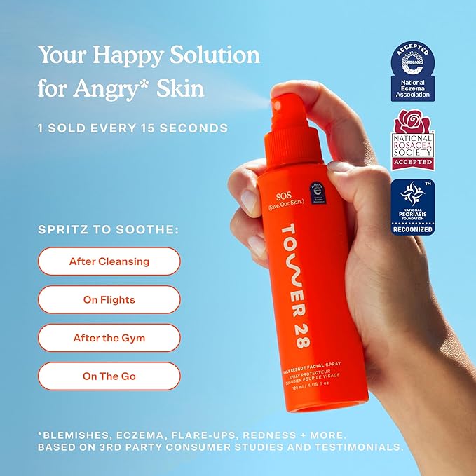 Tower 28 SOS Daily Rescue Facial Spray - Hypochlorous Acid Spray to Help Reduce Redness, Calm Irritation + Alleviate Flare-Ups - Purifying Travel Size Face Toner - Everyday Skin Care Essential (1 oz) - Bloomnest