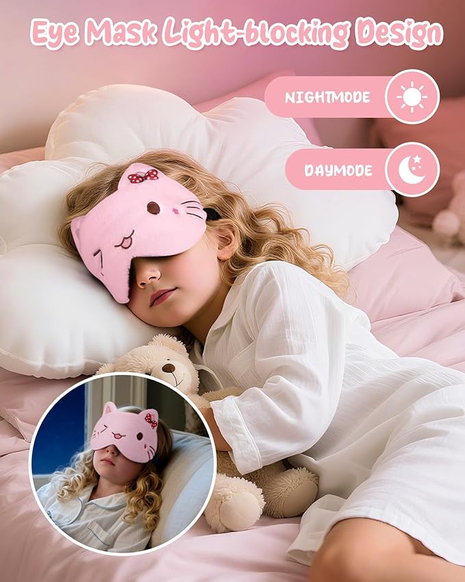 Sleep Mask for Kids - Cute Cartoon Plush Fuffy Sleeping Eye Cover Cat Kawaii Soft Eyeshade with Adjustable Strap Animal Eye Blindfold for Kids Girls Boys Teens - Bloomnest