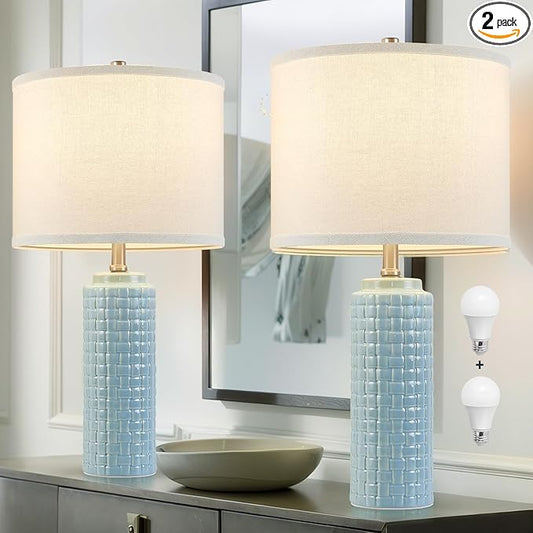 Luvkczc 24.8" Modern Ceramic Bedside Lamps Set of 2, 3 Color Temperature & Bulbs Included - Nightstand Lamps for Bedroom, Living Room, Office, Entryway Decor - Bloomnest