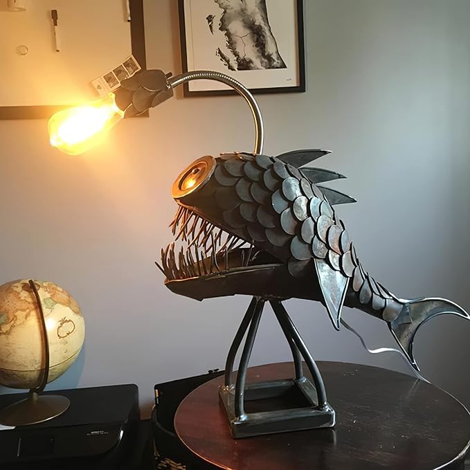 CAFELE Rustic USB Angler Fish Lamp, Shark Lamp Steampunk Style Table Lamp, Simulation Flame LED Bulbs Lights, Handmade Night Lights, Book Lights, Industrial Creative Decor for Home/Office (Small) - Bloomnest
