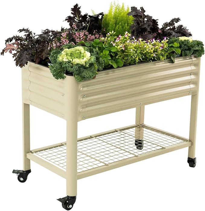 Rolling Elevated Raised Garden Bed-V Series, 2' x 4' Garden Beds with Legs & Storage Rack for Patio & Porch, 700 Lbs Weight Capacity, Outdoor Planter Box for Vegetables Flower Herbs, Pearl White - Bloomnest