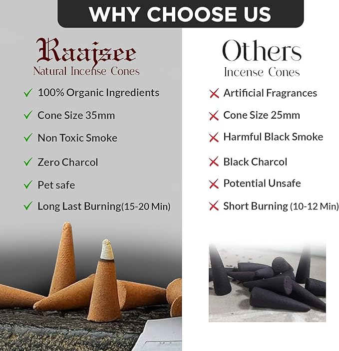 Raajsee Natural Incense Cones,6 Pack Mixed Scents Gift Pack 15 pc Each (90 Total), Insense Cones Variety Pack, 100% Organic Non Toxic Natural - Hand Rolled Free from Chemicals (Pack 3) RAAJSEE