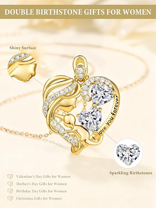 14K Gold Double Birthstone Heart Necklace for Women Mom, Mother Son/Daughter Pendant Necklace for Christmas Mother's Day Birthday Gifts for Wife Daughter Grandmom - Bloomnest
