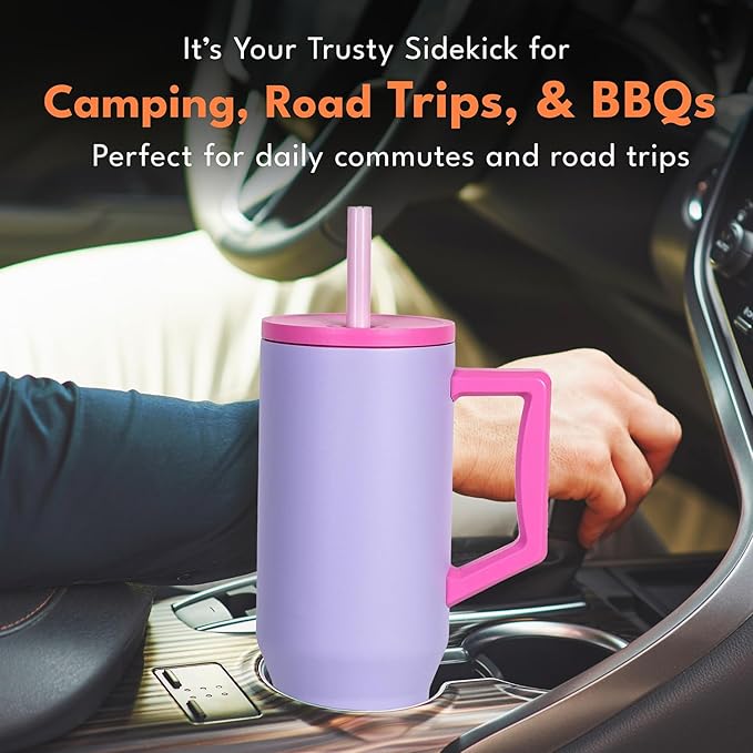 Elemental 40 oz Tumbler with Handle and Straw - Spill Proof Insulated Stainless Steel Commuter for Hot and Cold Beverages - Travel Coffee Mug with 2 Straws & Spill Proof Lid - 40oz - Lilac Tie Dye - Bloomnest