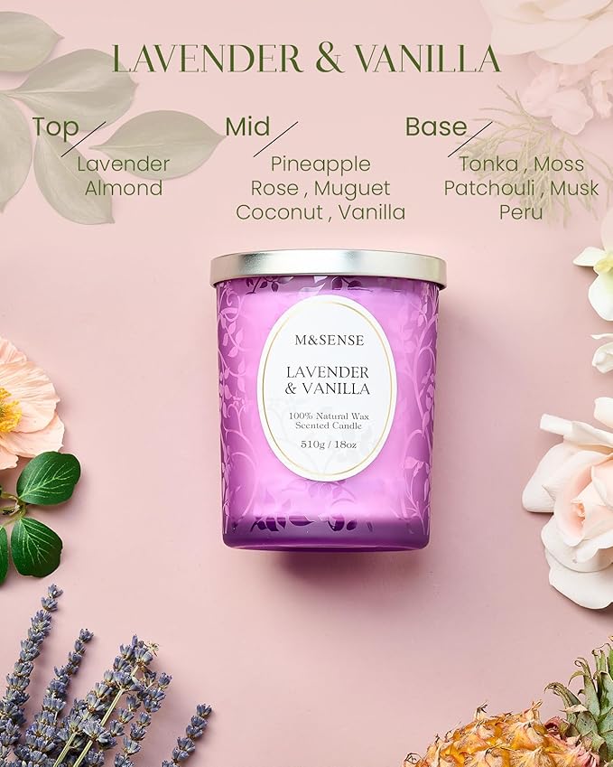 M&SENSE Lavender Vanilla Scented Candle, Cracking Wooden Wick Soy Wax, 18oz 100 Hours Long Lasting Clean Burn, Large Jar Candles for Home Decor, Non-Toxic Relaxing Aromatherapy Gifts for Women - Bloomnest