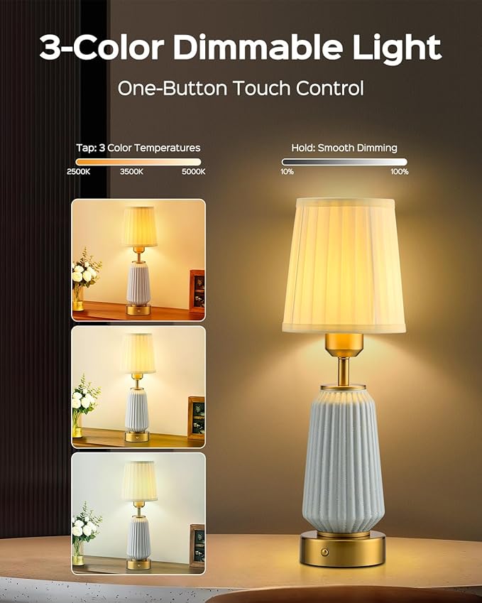 JACKYLED 2 Pack New Upgraded Rechargeable Table Lamps,5400mAh Battery Operated Cordless Table Lamp,Portable Indoor/Outdoor Desk Lamp,Modern Ceramic Lamp for Dinning Room,Bedroom,Patio - Bloomnest