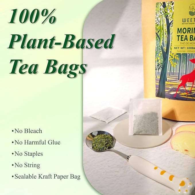 WT WEETEE Moringa Tea Bags 100 Count, 100% Pure Dried Moringa Leaves, Caffeine Free Nutrient-Dense Herbal Tea, Earthy Spinach Aroma & Bold Fermented Bean-Like Flavor - Bloomnest