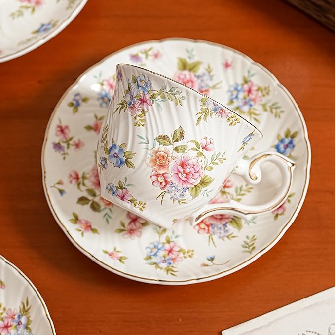 Tea Set 21-Piece Ceramic tea cups and saucers set of 6 with Sugar and Creamer Set,Teapot,teapot set for Adults, Women Tea Party (small crushed flower) - Bloomnest