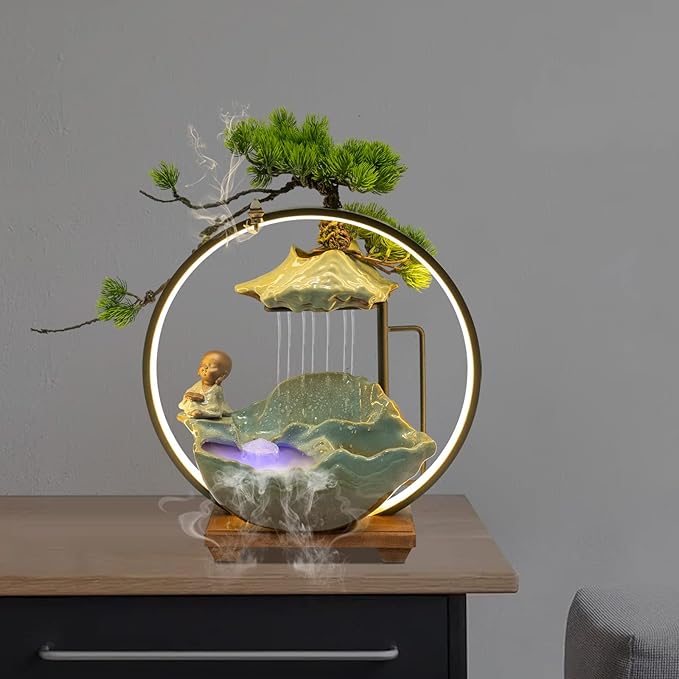 Tabletop Water Fountain, Indoor Waterfall with Round LED Light Ceramic Meditation Monk, Mist Maker and Incense Holder for Home Office Decor - Bloomnest