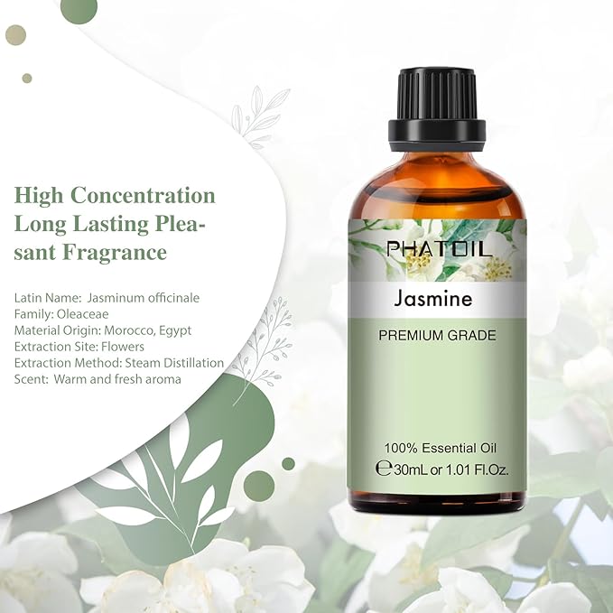 Jasmine Essential Oil 1.01fl.oz/30ml, PHATOIL Jasmine Oils Long Lasting Scents for Aromatherapy, Diffuser, DIY Soap and Candle Making PHATOIL