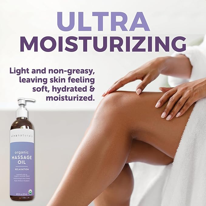 Viva Naturals Organic Massage Oil (8 fl. oz.) - Lavender Scented Non-Greasy Body Massage Oil with Mess-Free Pump, Moisturizing Massage Oils for Massage Therapy, Non-GMO and Certified Organic, 237 mL - Bloomnest