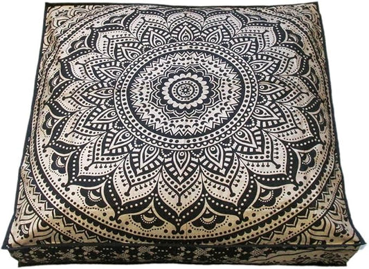 24" Black Gold Ombre Mandala Barmeri Large Floor Pillow Cover Cushion Meditation Seating Ottoman Throw Cover Hippie Decorative Zipped Bohemian Pouf Ottoman Pom Pom Cases 24 " square - Bloomnest
