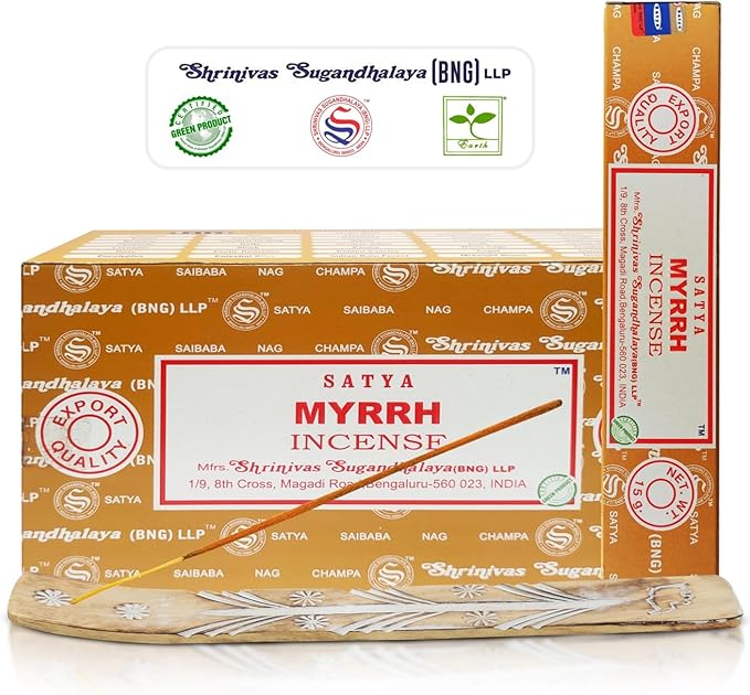 Satya Myrrh Incense Sticks, Satya 15gmx12 Pack with Raajsee Incense Holder Bundle, Satya Nagchampa Natural Incense - Bloomnest