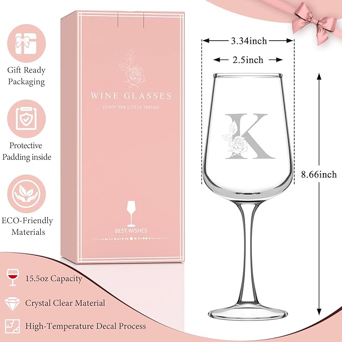 Valentines Day Gifts for Her Women - Personalized Initial Wine Glasses Custom Gift, Galentines Gift Christmas Mothers Day Birthday Gifts for Women Her Mom Wife Best Friend Sister (K) - Bloomnest