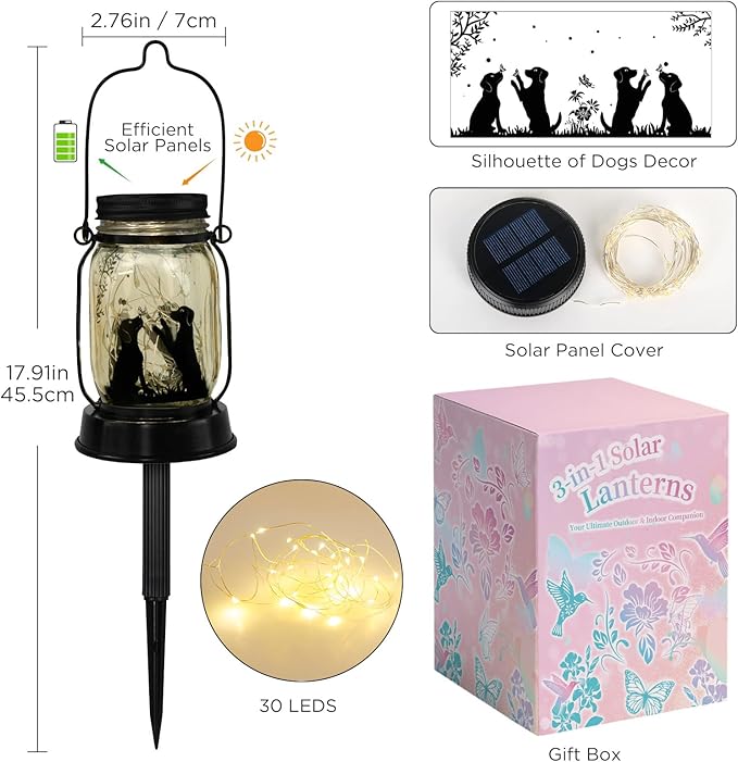 kyoryuger Dog Solar Lanterns 3in1 Dog Lights Garden Decor Gifts for Women Mom Grandma Unique Teen Girl Gifts for Dog Lovers Decorative Pet Memory Lanterns for Yard Lawn Patio Landscape - Bloomnest
