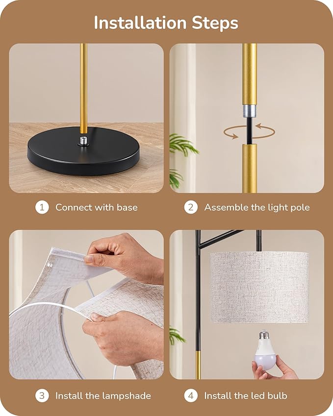 EDISHINE Modern Floor Lamps for Living Room, 64.7" Minimalist Standing Lamp with 3 Color Temperatures Bulb & Adjustable Linen Shade, Foot Pedal Switch, Arc Tall Lamp for Bedroom Office, Black Gold - Bloomnest
