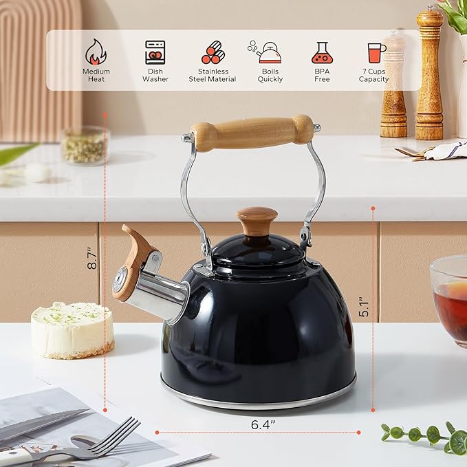 ROCKURWOK Tea Kettle, Tea Pot with Cool Touch Ergonomic Handle, Teapot Food Grade Stainless Steel, Tea Kettle Stovetop, Kettle Teapot, Whistling Tea Kettle, Small Tea Pot, 1.6 Quart (Black) - Bloomnest