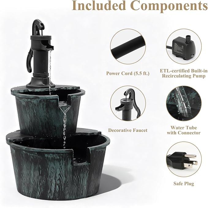 Athena Collection 27'' Height Electric Waterfall Fountain 2 Tier Stepped Barrel Vintage Fountain Polypropylene with Pump Freestanding Floor Tabletop Fountain for Outside, Patio, Garden, Green - Bloomnest